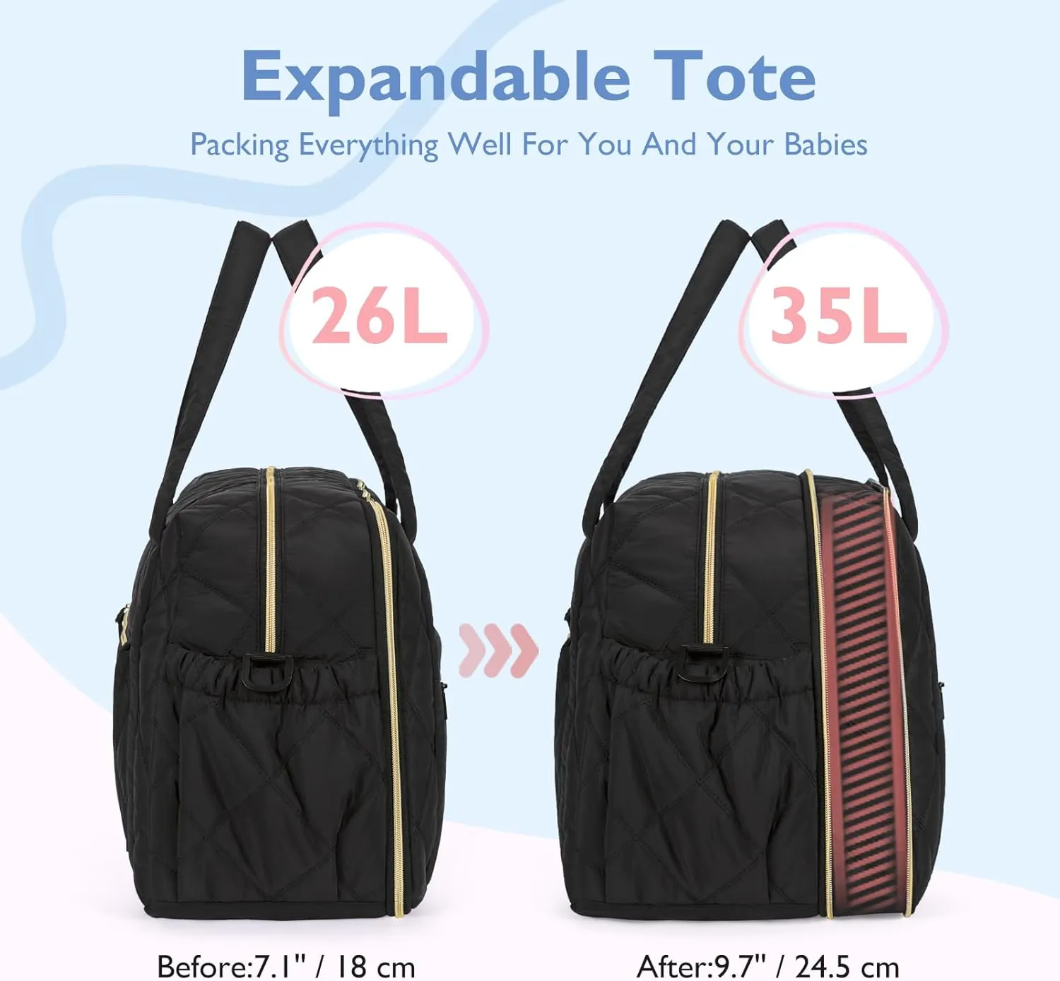 mommore Diaper Bag Tote Large Expandable Baby Travel Tote for 2 Kids Twins, Quilted Hospital Bag for Mom, Weekender