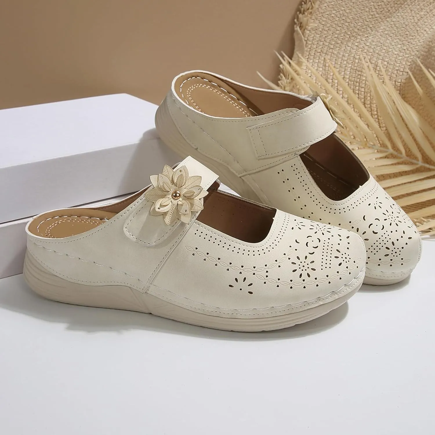 Mules for Women 2025 Dressy Summer Closed Toe Sandals Casual Slip On Wedge with Adjustable Hook Loop Hollow Out Flower Buckle Clogs Comfortable Backless Shoes