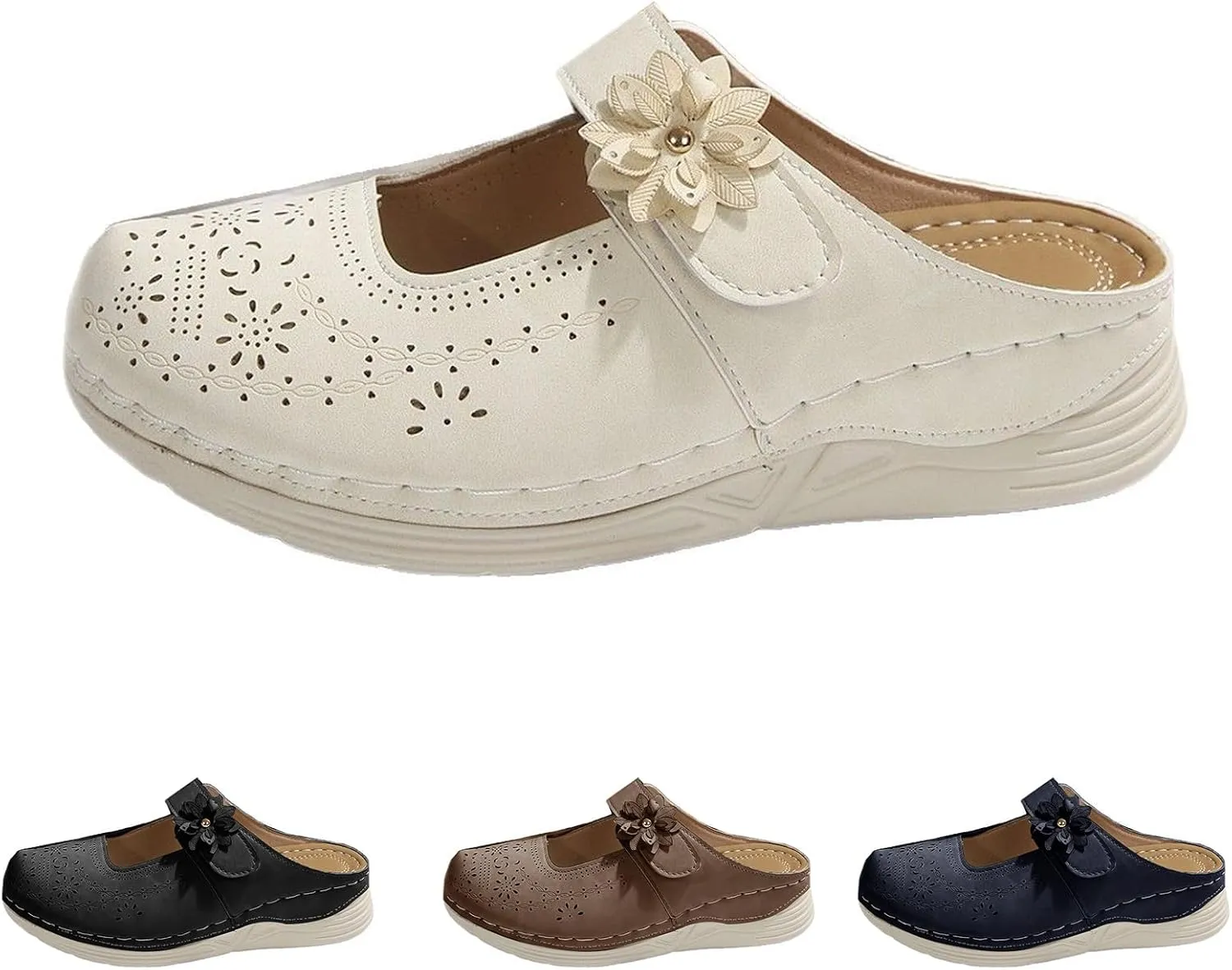 Mules for Women 2025 Dressy Summer Closed Toe Sandals Casual Slip On Wedge with Adjustable Hook Loop Hollow Out Flower Buckle Clogs Comfortable Backless Shoes
