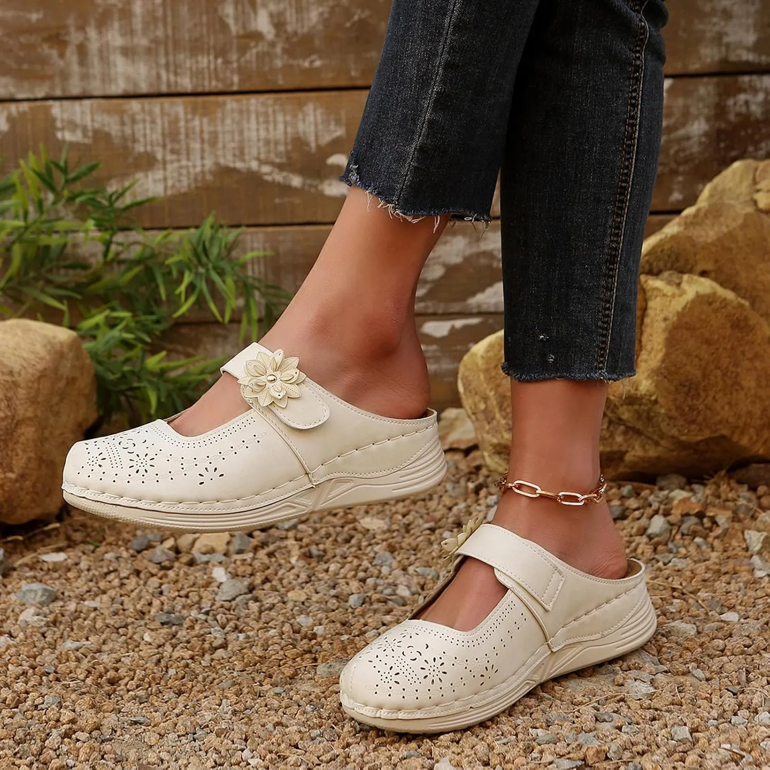 Mules for Women 2025 Dressy Summer Closed Toe Sandals Casual Slip On Wedge with Adjustable Hook Loop Hollow Out Flower Buckle Clogs Comfortable Backless Shoes
