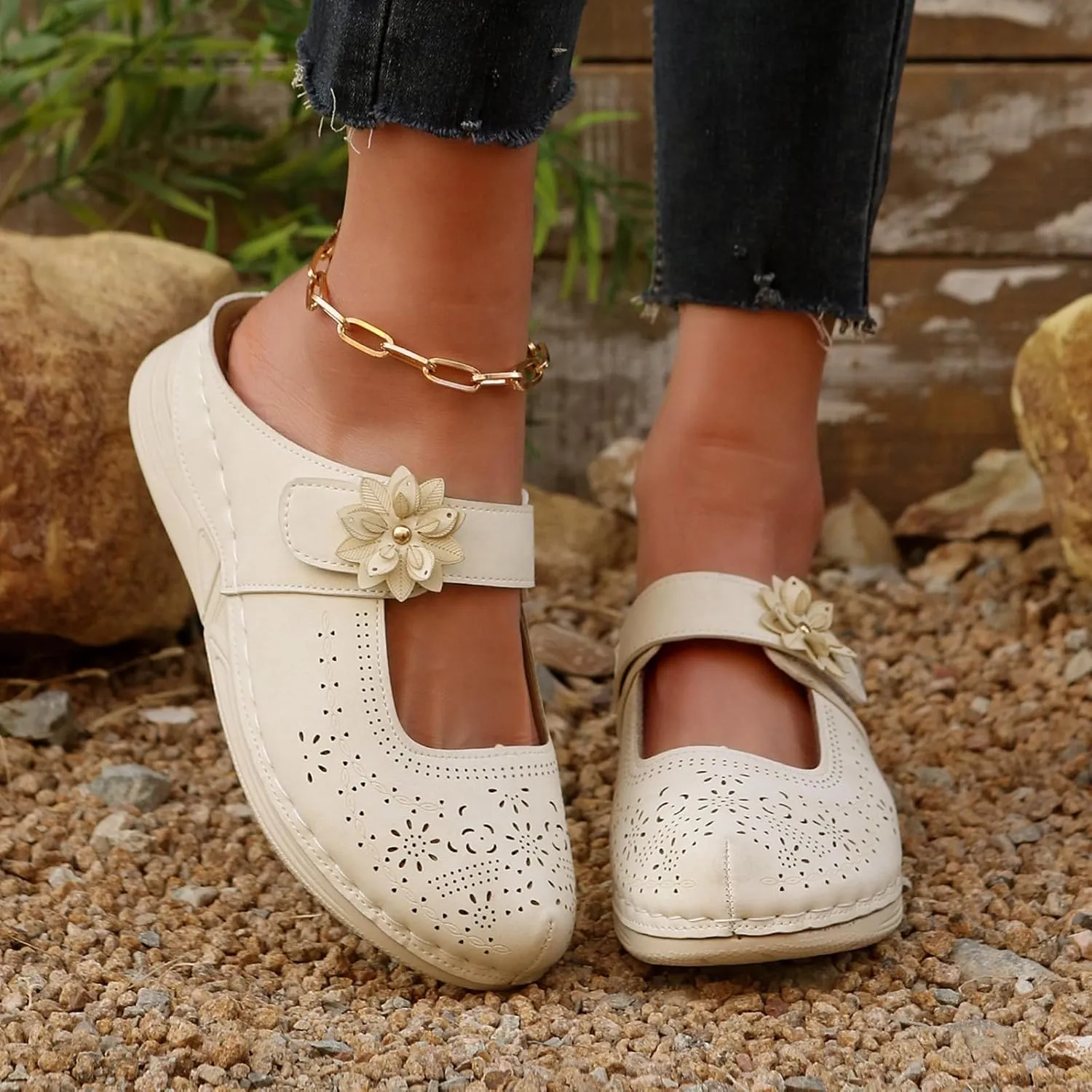 Mules for Women 2025 Dressy Summer Closed Toe Sandals Casual Slip On Wedge with Adjustable Hook Loop Hollow Out Flower Buckle Clogs Comfortable Backless Shoes