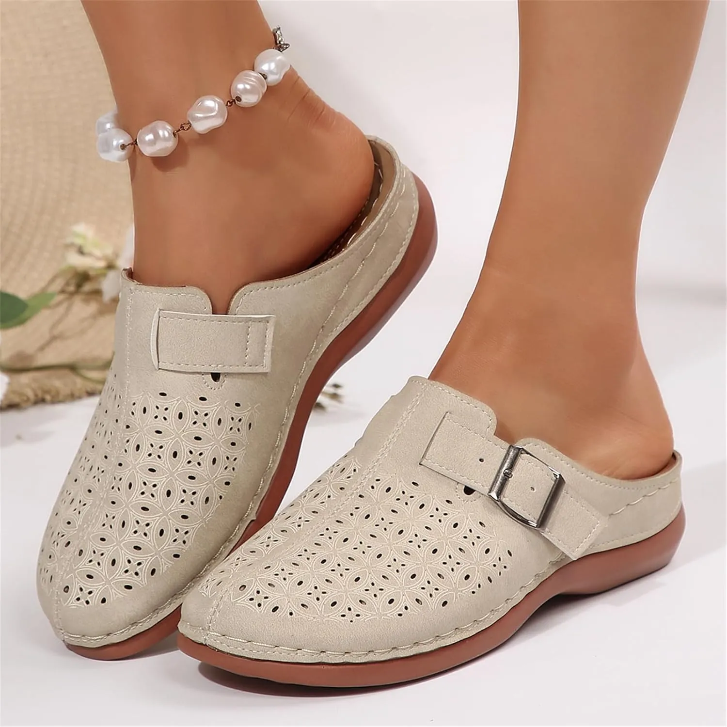 Mules for Women Comfort Closed Toe Sandals Summer Slip on Wedge Sandals with Adjustable Hook Loop Comfortable Clogs Flats Sandal with Arch Support Lightweight Breathable Walking Slippers