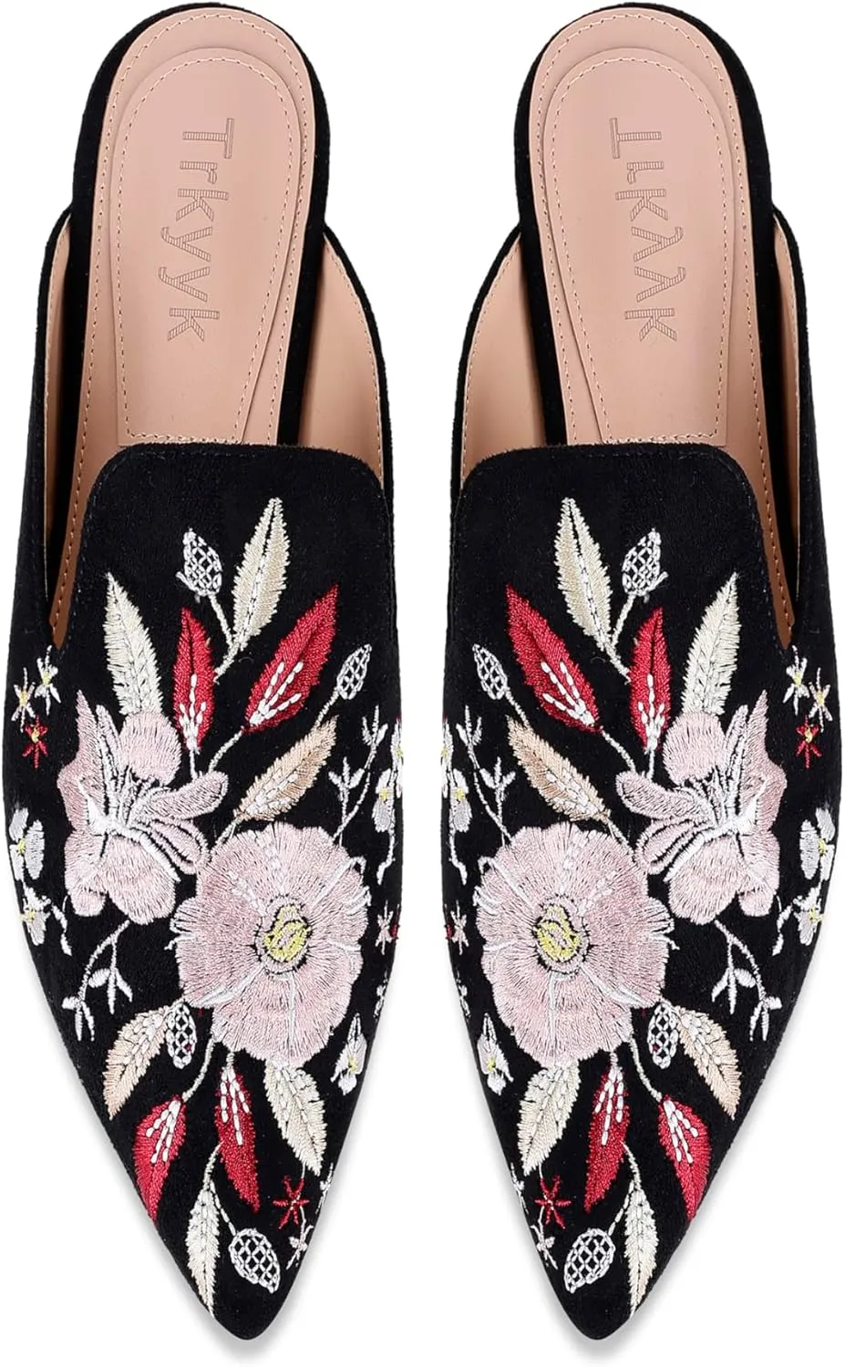 Mules for Women Pointed Toe Embroidered Shoes Comfortable Flats Backless Loafers