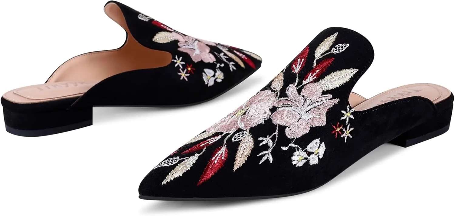Mules for Women Pointed Toe Embroidered Shoes Comfortable Flats Backless Loafers
