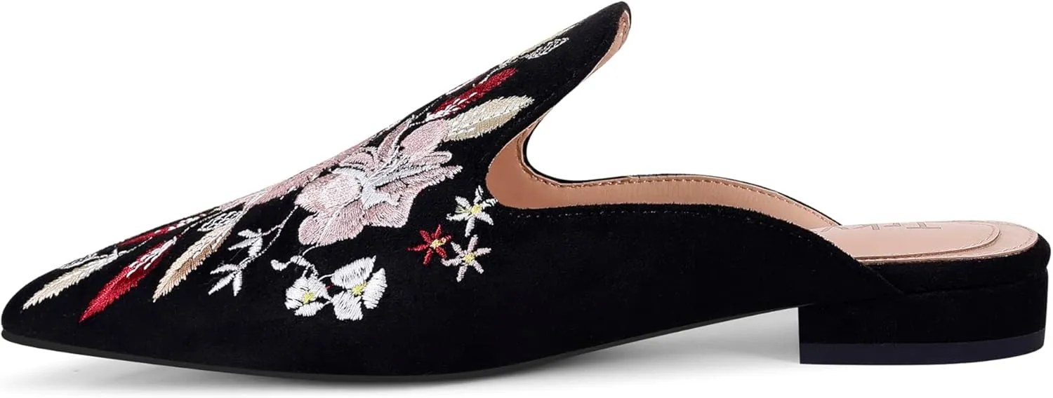 Mules for Women Pointed Toe Embroidered Shoes Comfortable Flats Backless Loafers
