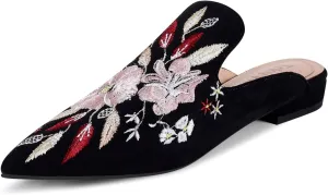 Mules for Women Pointed Toe Embroidered Shoes Comfortable Flats Backless Loafers