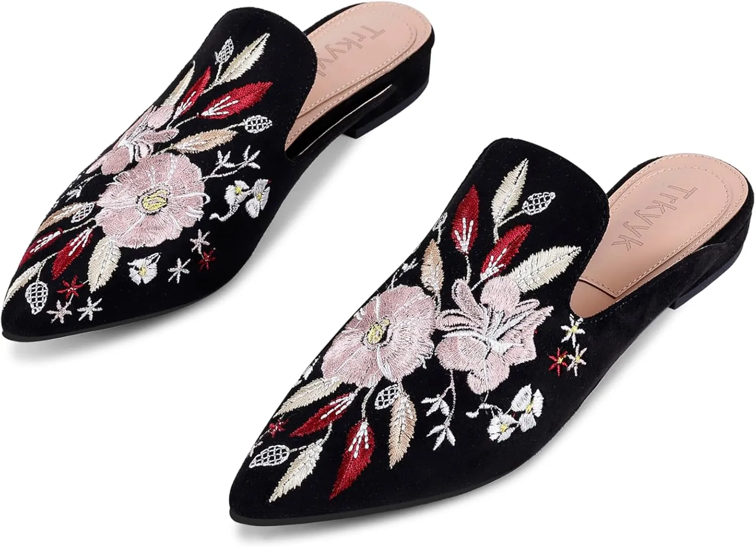 Mules for Women Pointed Toe Embroidered Shoes Comfortable Flats Backless Loafers