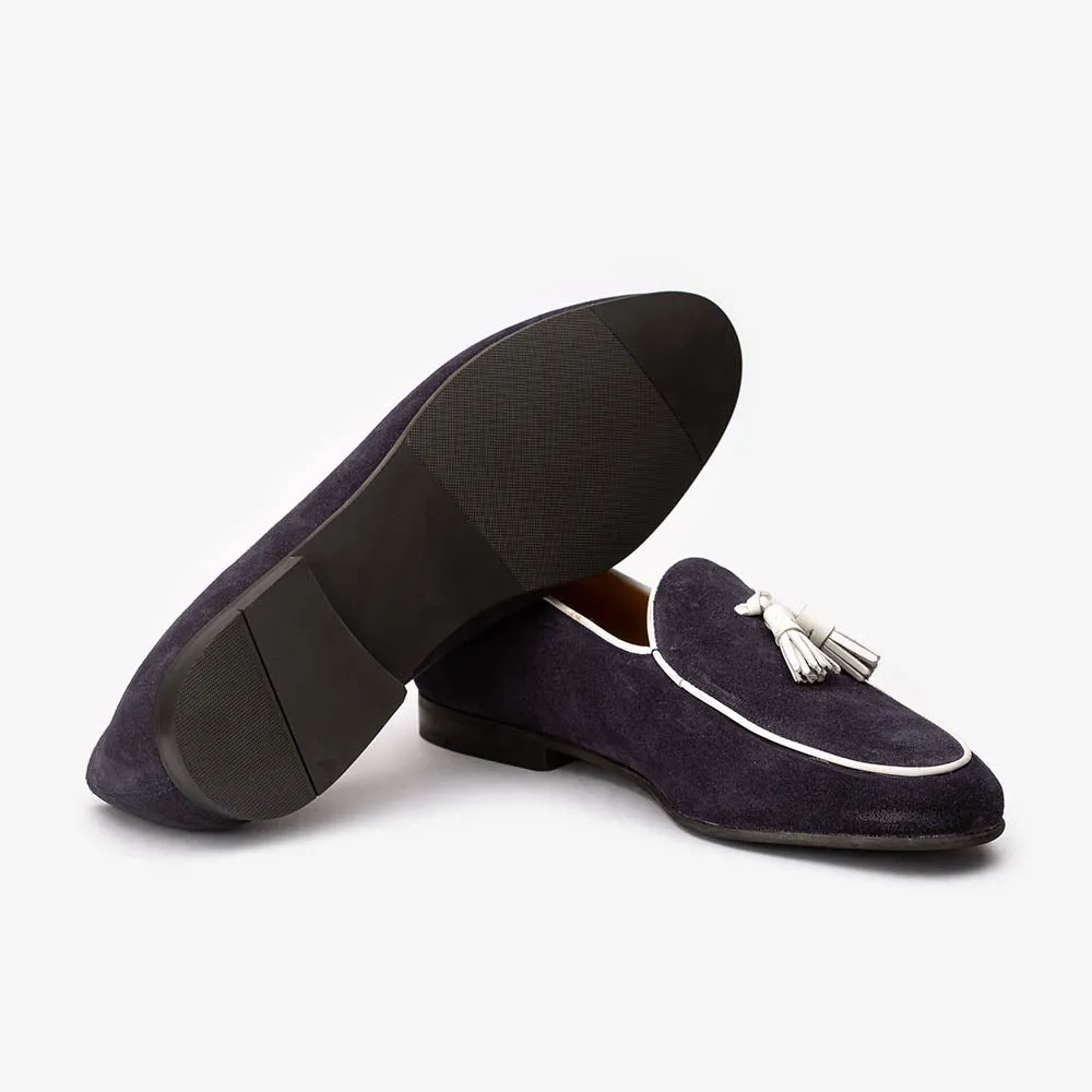 Navy Suede Belgina Loafer with White Taseel