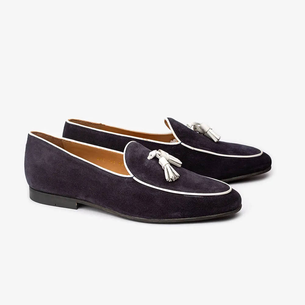 Navy Suede Belgina Loafer with White Taseel