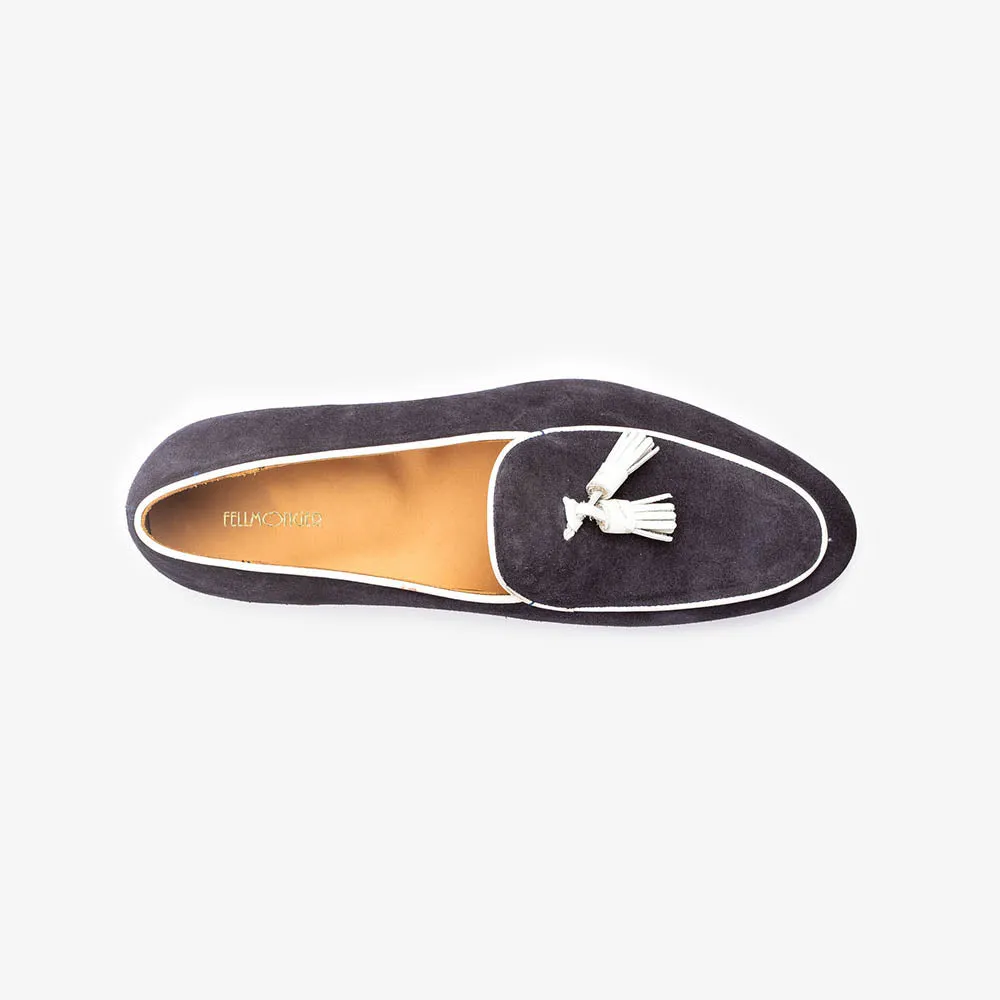 Navy Suede Belgina Loafer with White Taseel