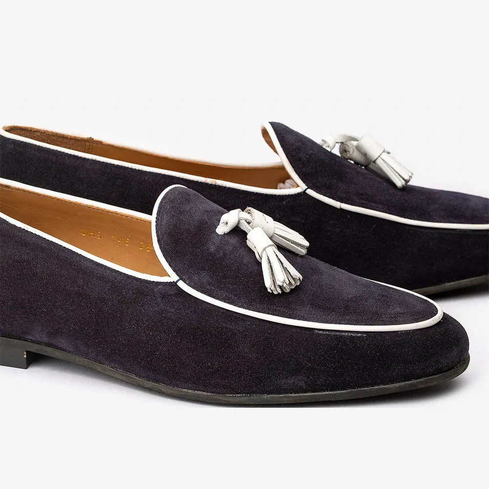 Navy Suede Belgina Loafer with White Taseel