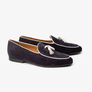 Navy Suede Belgina Loafer with White Taseel