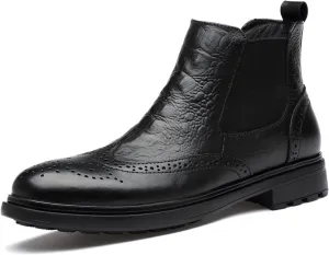 New Chelsea Boots For Men Elastic Bandage Carved Brogue Win Tip Crocodile Print Cowhide Leather Anti-slip Wearable Non Waterproof Formal Classic Slip On
