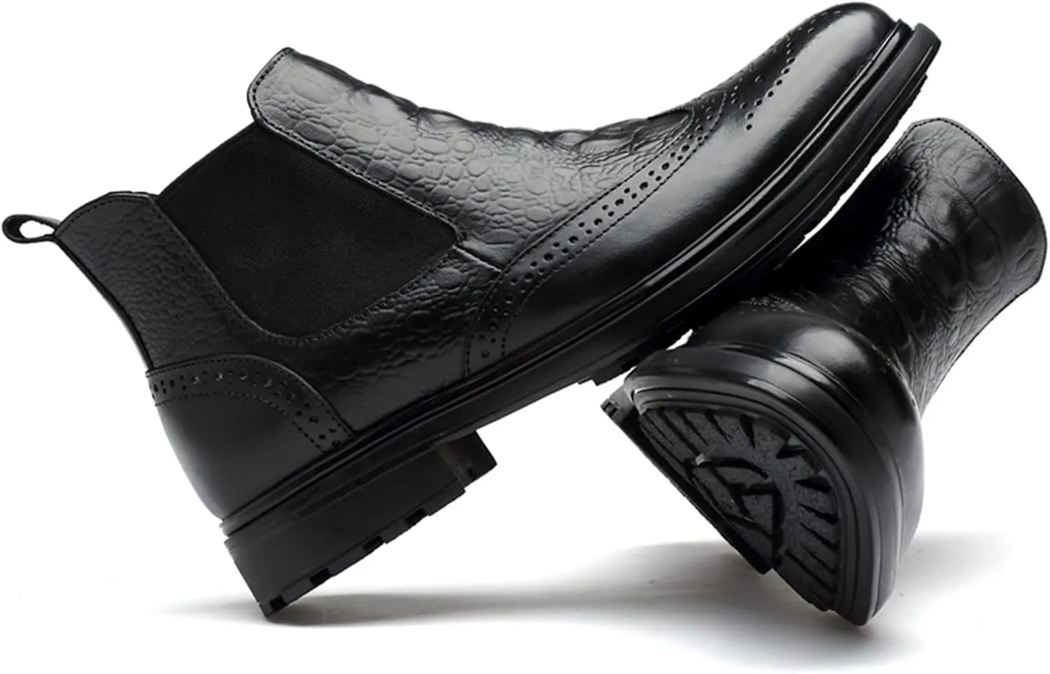 New Chelsea Boots For Men Elastic Bandage Carved Brogue Win Tip Crocodile Print Cowhide Leather Anti-slip Wearable Non Waterproof Formal Classic Slip On