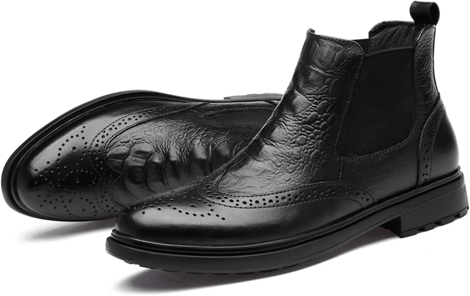 New Chelsea Boots For Men Elastic Bandage Carved Brogue Win Tip Crocodile Print Cowhide Leather Anti-slip Wearable Non Waterproof Formal Classic Slip On