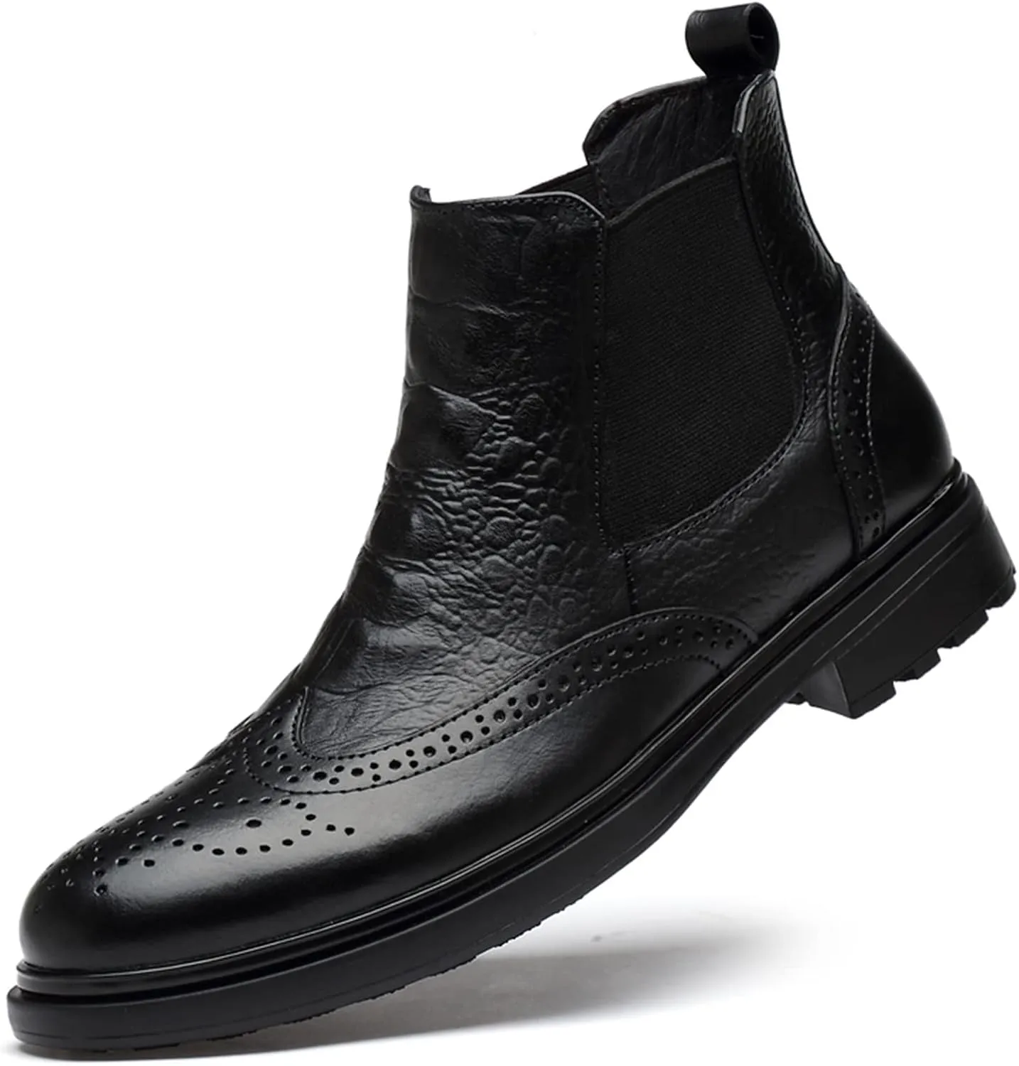 New Chelsea Boots For Men Elastic Bandage Carved Brogue Win Tip Crocodile Print Cowhide Leather Anti-slip Wearable Non Waterproof Formal Classic Slip On
