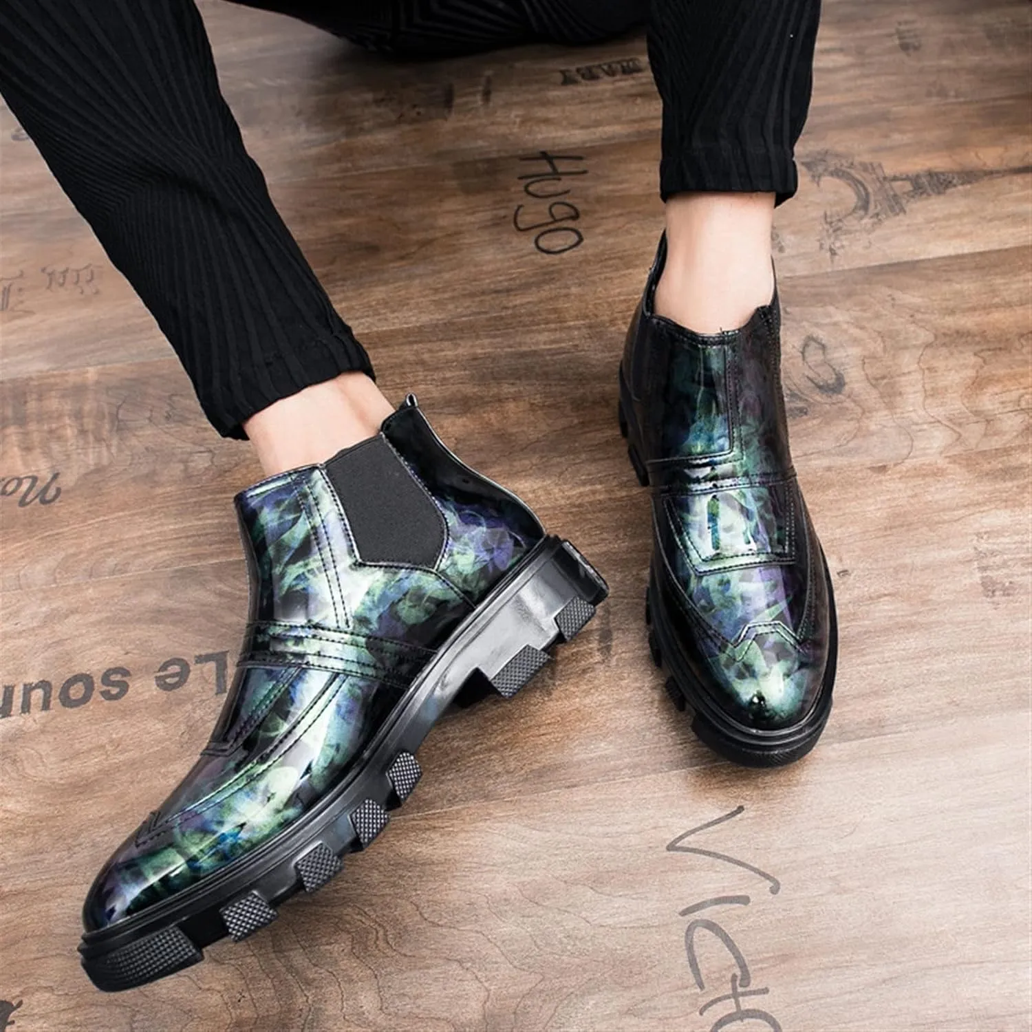New Chelsea Boots For Men Elastic Bandage Floral Vegan Leather Slip On Non Waterproof Wearable Fashion Slip On
