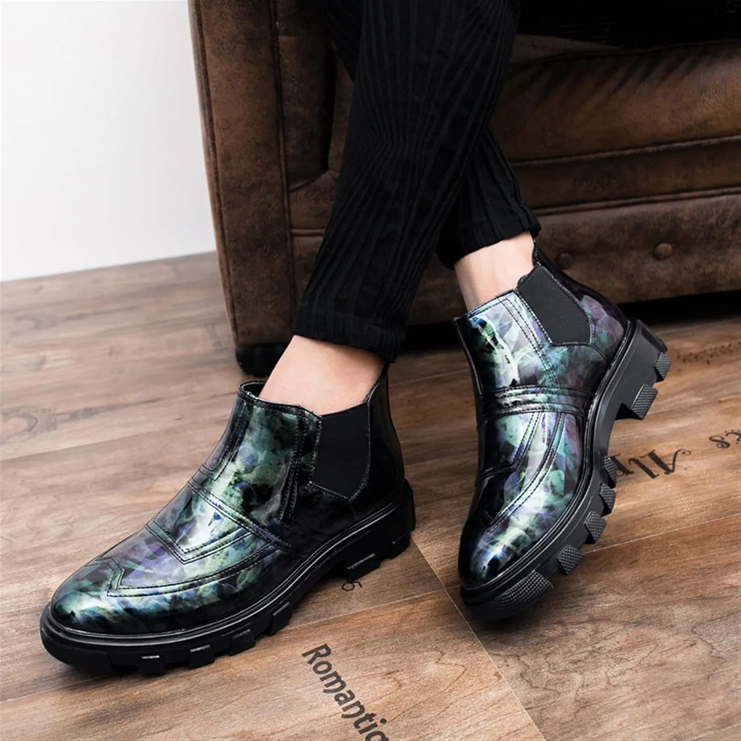 New Chelsea Boots For Men Elastic Bandage Floral Vegan Leather Slip On Non Waterproof Wearable Fashion Slip On