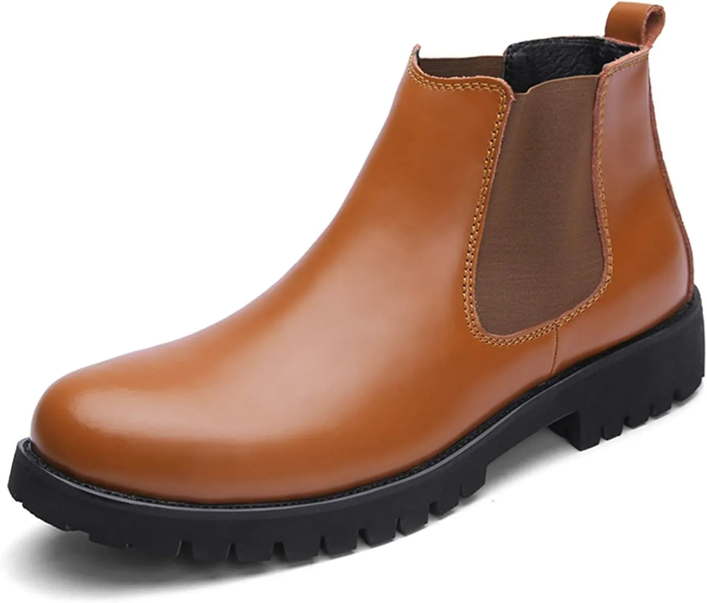New Chelsea Boots For Men Round Toe Simple Shiny Leather Slip On Non Waterproof Wearable Dress Slip On