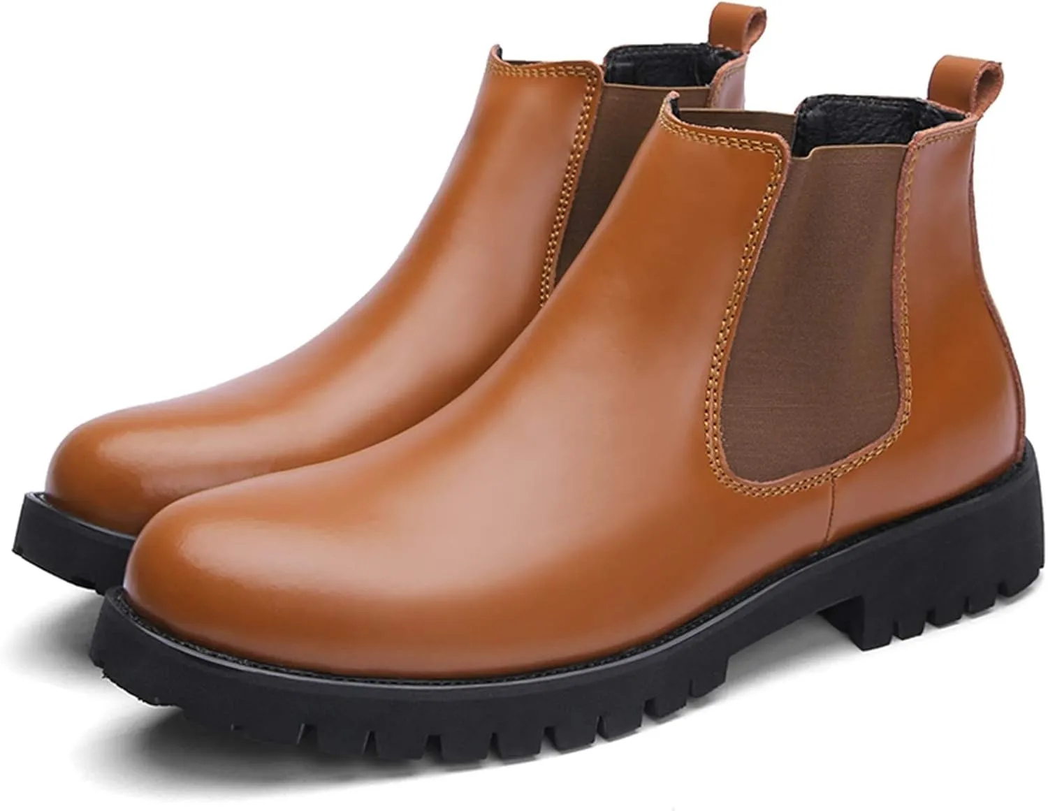 New Chelsea Boots For Men Round Toe Simple Shiny Leather Slip On Non Waterproof Wearable Dress Slip On