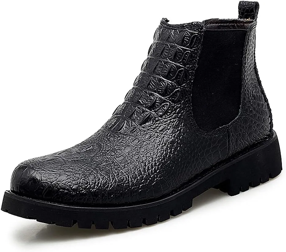 New Men's Chelsea Ankle Boots Crocodile Print Elastic Bandage Genuine Leather Slip On Non Waterproof Wearable Dress Slip On