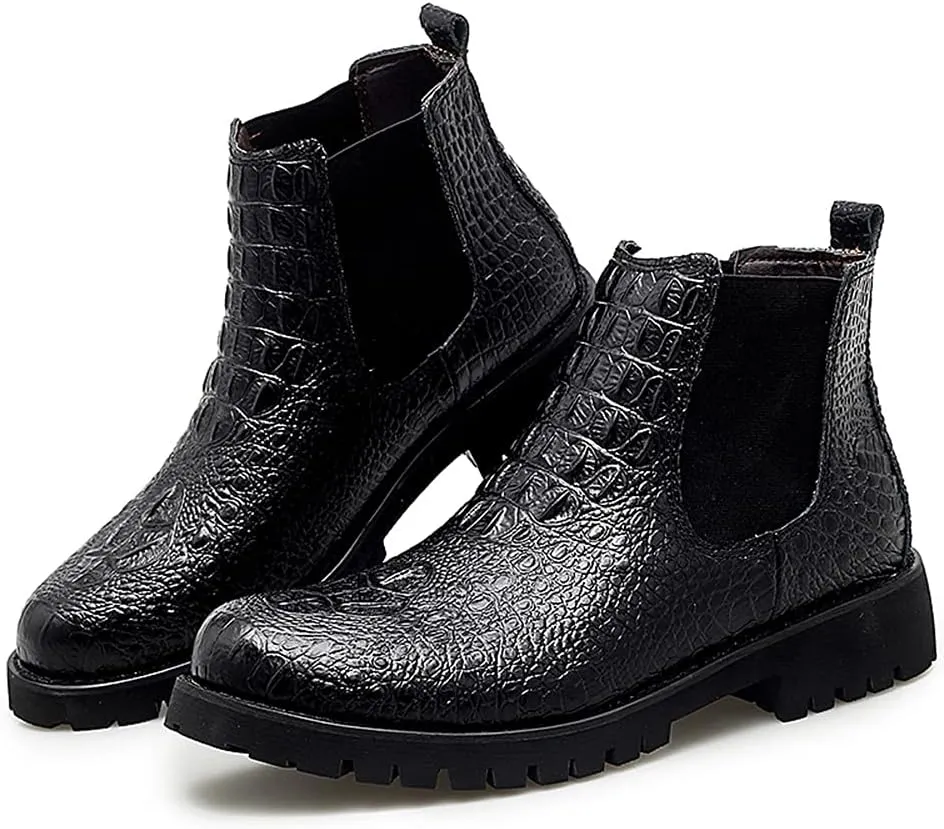 New Men's Chelsea Ankle Boots Crocodile Print Elastic Bandage Genuine Leather Slip On Non Waterproof Wearable Dress Slip On