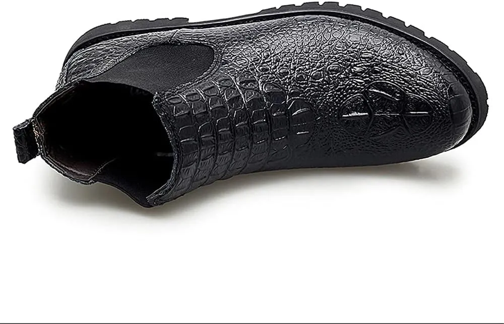 New Men's Chelsea Ankle Boots Crocodile Print Elastic Bandage Genuine Leather Slip On Non Waterproof Wearable Dress Slip On