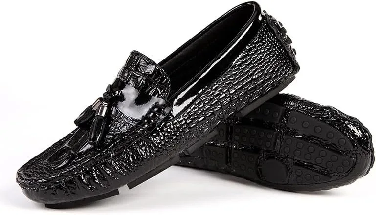 New Mens Loafers Shoe Vegan Leather Crocodile Print Driving Loafers Tassel Flexible Comfortable Anti-Slip Walking Outdoor Slip On