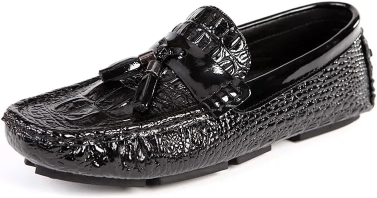 New Mens Loafers Shoe Vegan Leather Crocodile Print Driving Loafers Tassel Flexible Comfortable Anti-Slip Walking Outdoor Slip On