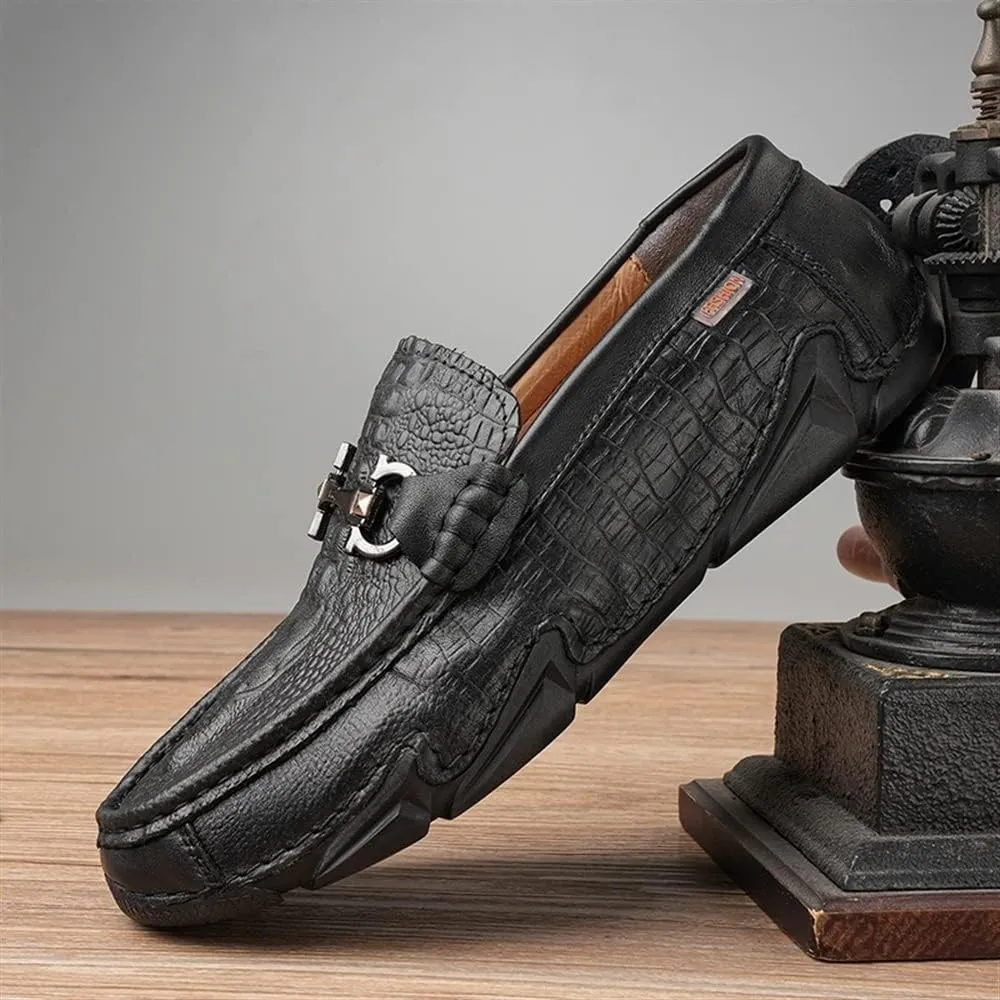 New Men's Loafers Shoes Moccasins Round Toe Shoes Faux Crocodile Print Leather Slip Resistant Flexible Anti-Slip Party Slip-on