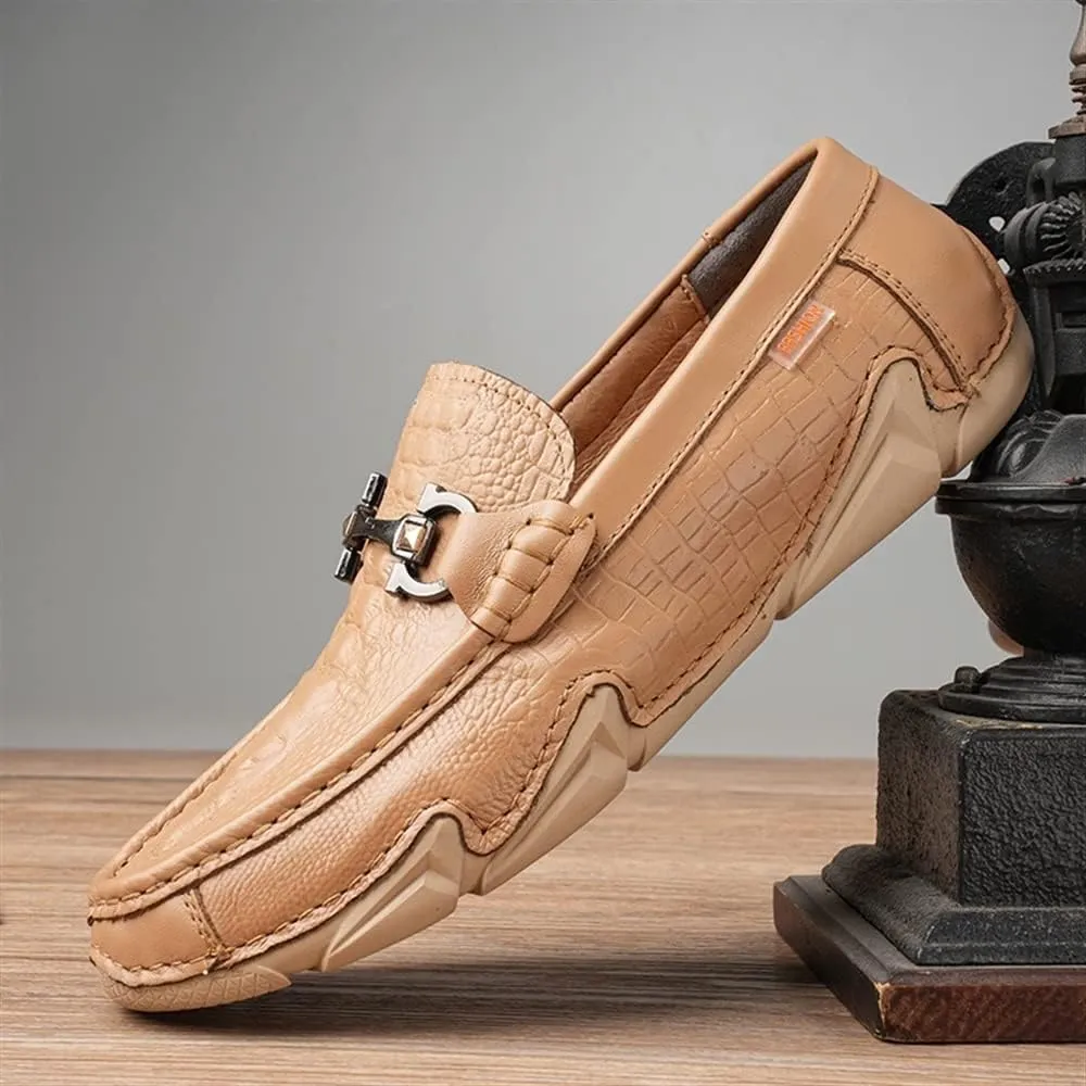 New Men's Loafers Shoes Moccasins Round Toe Shoes Faux Crocodile Print Leather Slip Resistant Flexible Anti-Slip Party Slip-on
