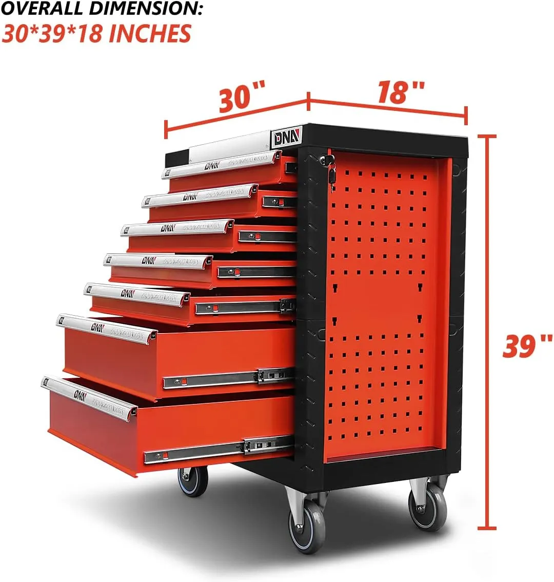 New Package DNA MOTORING 39" H X 30" W X 18" D Heavy Duty Lockable Slide Tool 7-Drawers Chest Rolling Tool Cart Cabinet with Keys (TOOLS-10001), Red