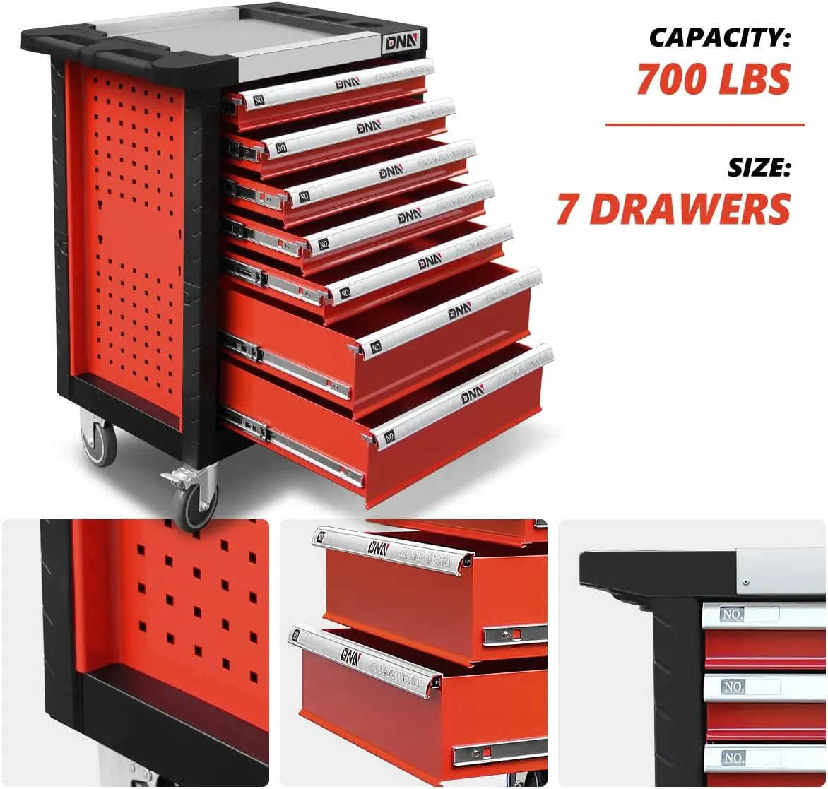 New Package DNA MOTORING 39" H X 30" W X 18" D Heavy Duty Lockable Slide Tool 7-Drawers Chest Rolling Tool Cart Cabinet with Keys (TOOLS-10001), Red