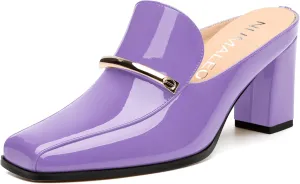NUMALEO Womens Mules Chunky Block Heel Loafers Slip On Heeled Mules Closed Square Toe Heels Mules for Women Comfortable Dressy Backless Loafers Shoes for Office Work Casual