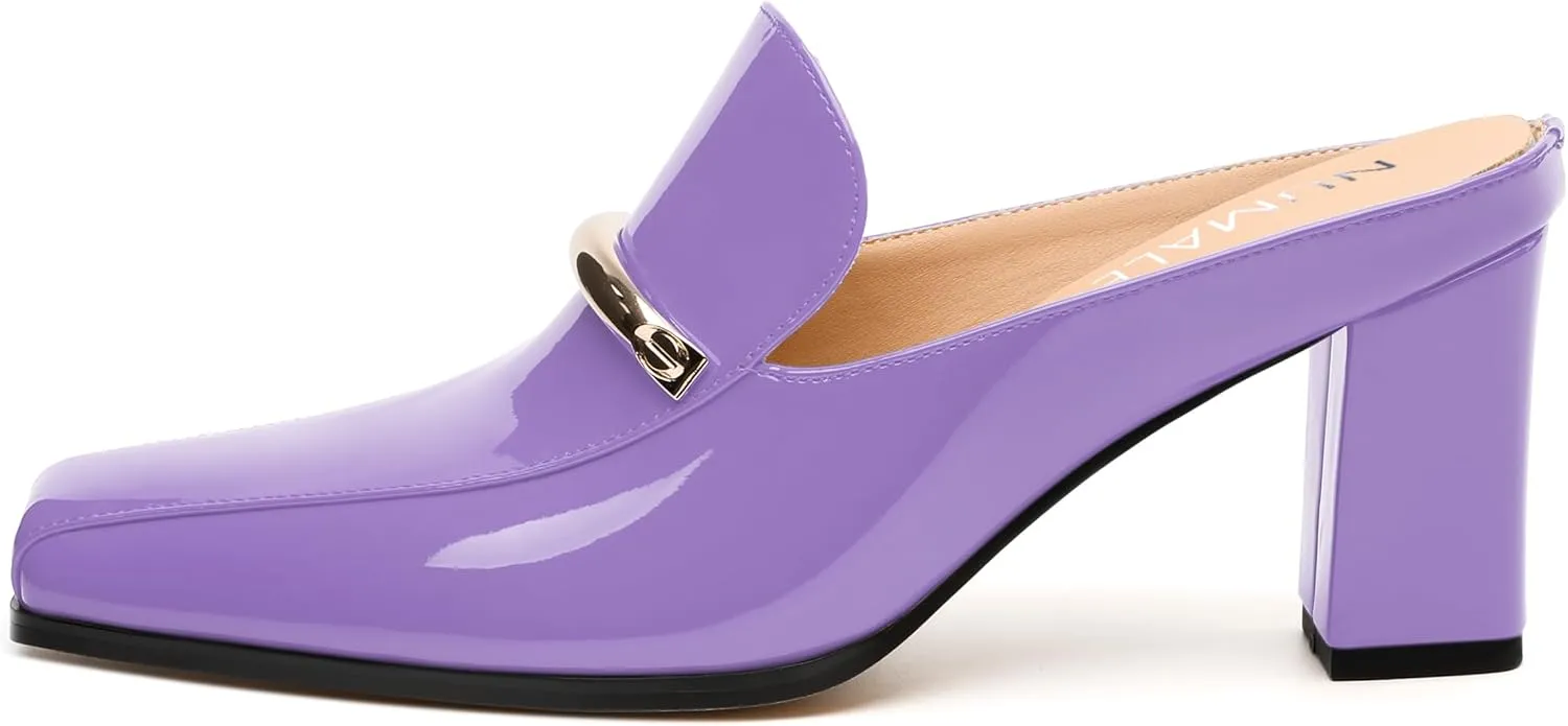NUMALEO Womens Mules Chunky Block Heel Loafers Slip On Heeled Mules Closed Square Toe Heels Mules for Women Comfortable Dressy Backless Loafers Shoes for Office Work Casual