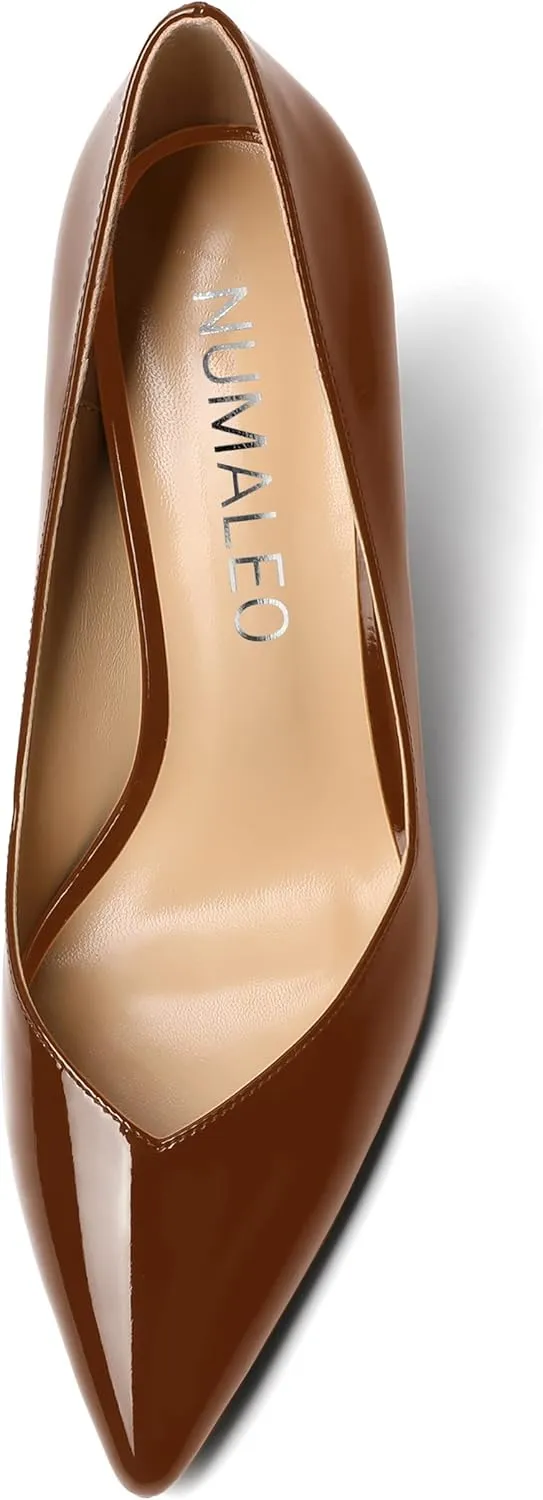 NUMALEO Womens Slip On Dress Solid Pointed Toe Dating Patent Spool High Heel Pumps Shoes 3.3 Inch
