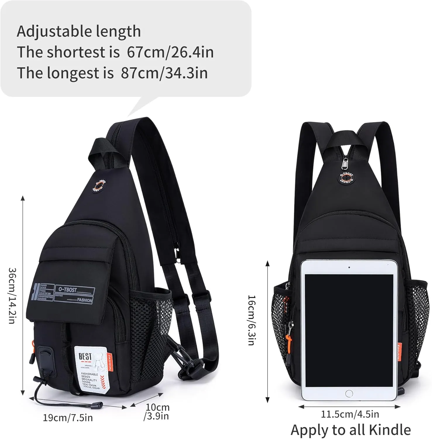 O-TBOST Lightweight Crossbody Backpack Sling Bag Small Shoulder Bags for Women Men Casual Chest Daypack Hiking Travel (black)