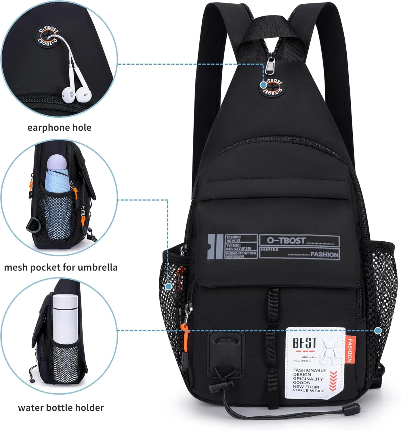 O-TBOST Lightweight Crossbody Backpack Sling Bag Small Shoulder Bags for Women Men Casual Chest Daypack Hiking Travel (black)
