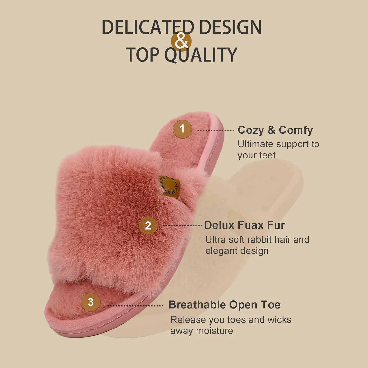 Onmygogo Indoor Slippers for Women Open Toe with Memory Foam, Soft Faux Fur Nonslip House Slippers