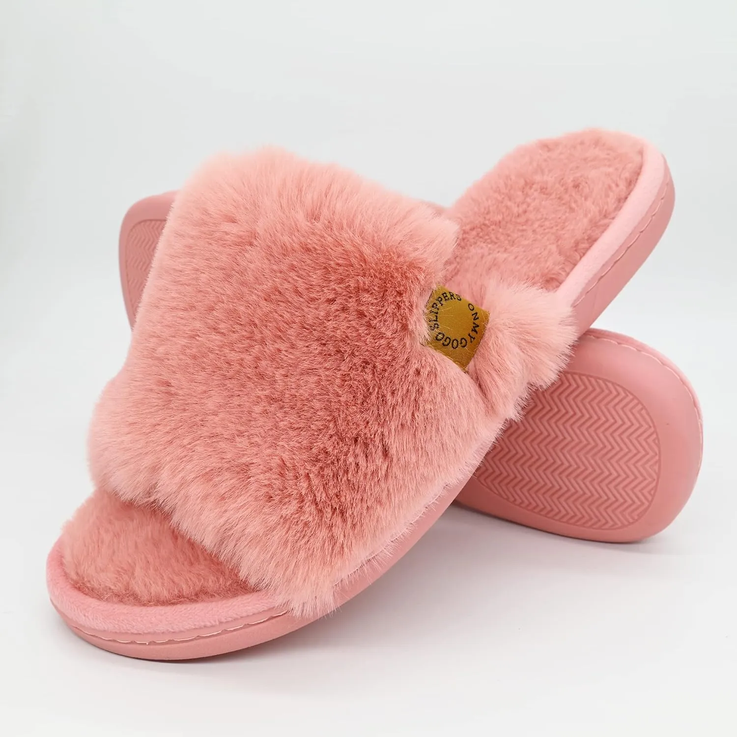 Onmygogo Indoor Slippers for Women Open Toe with Memory Foam, Soft Faux Fur Nonslip House Slippers