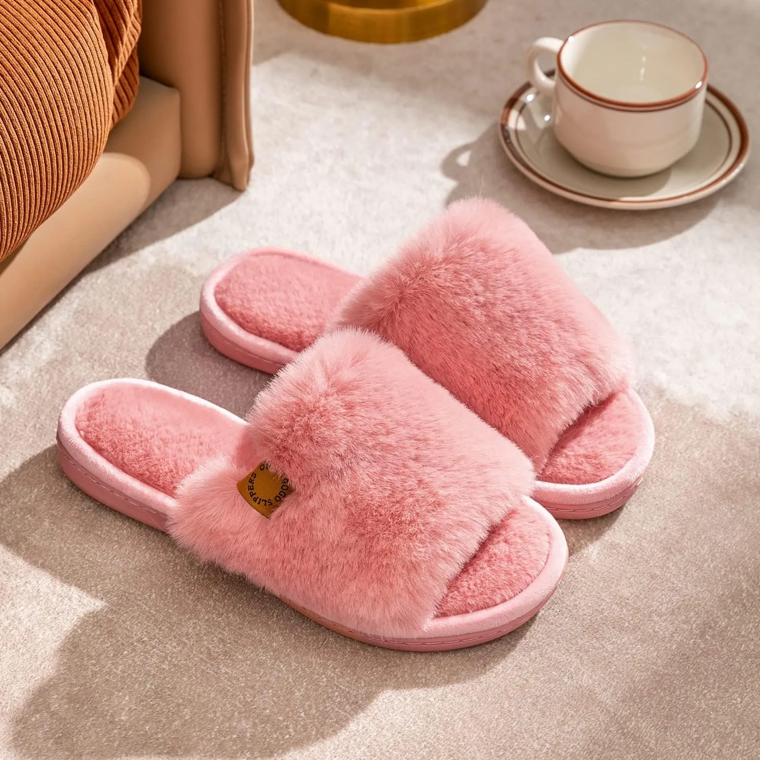 Onmygogo Indoor Slippers for Women Open Toe with Memory Foam, Soft Faux Fur Nonslip House Slippers