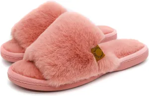 Onmygogo Indoor Slippers for Women Open Toe with Memory Foam, Soft Faux Fur Nonslip House Slippers