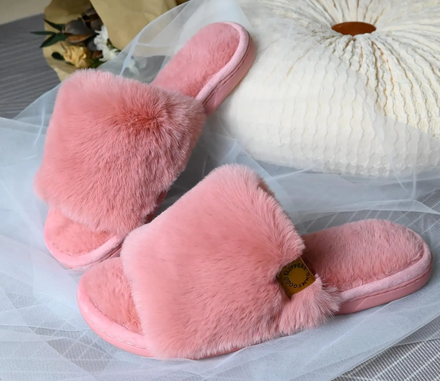 Onmygogo Indoor Slippers for Women Open Toe with Memory Foam, Soft Faux Fur Nonslip House Slippers
