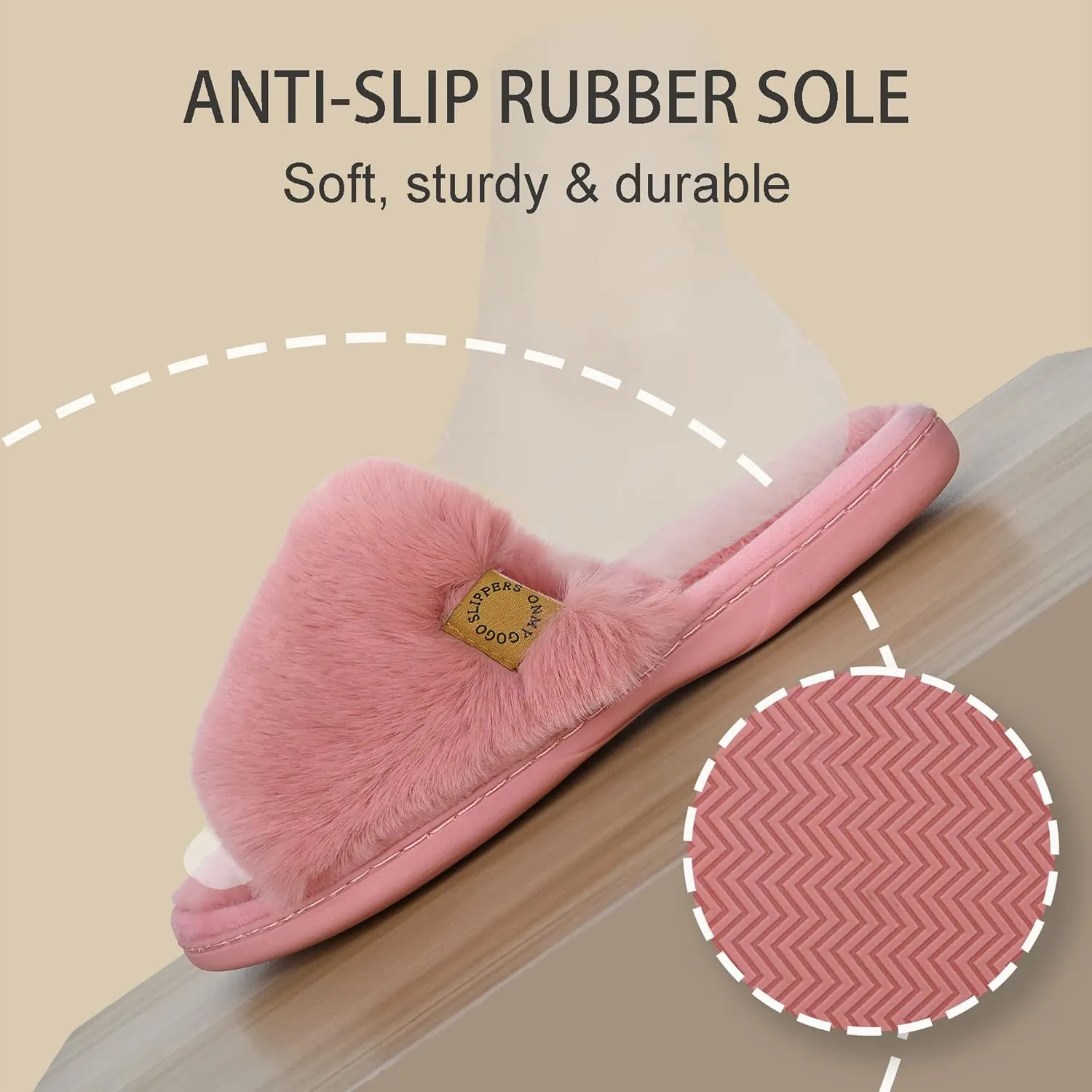 Onmygogo Indoor Slippers for Women Open Toe with Memory Foam, Soft Faux Fur Nonslip House Slippers