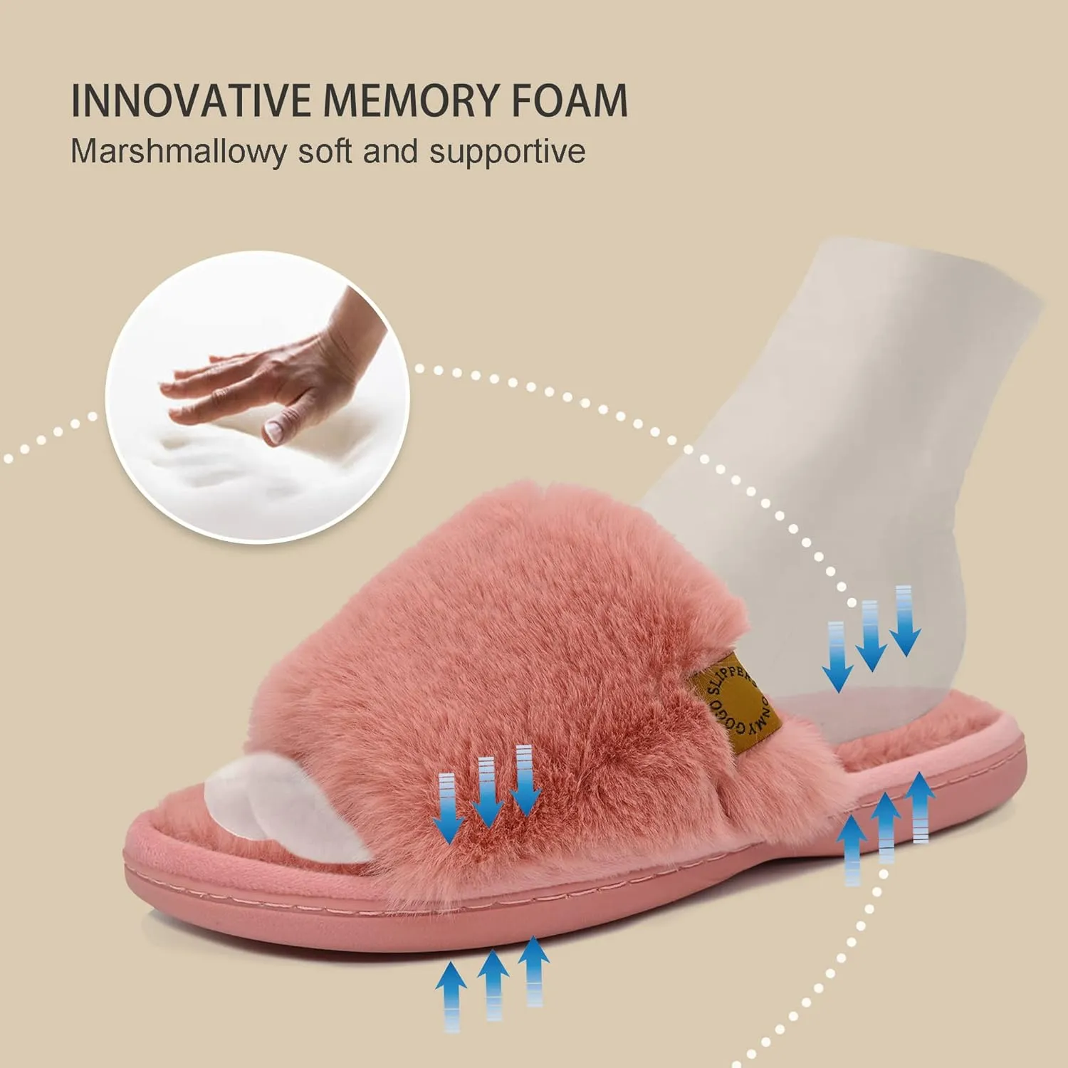 Onmygogo Indoor Slippers for Women Open Toe with Memory Foam, Soft Faux Fur Nonslip House Slippers