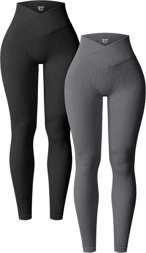OQQ Women's 2 Piece Yoga Leggings Ribbed Seamless Workout High Waist Cross Over Athletic Exercise Leggings