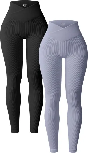 OQQ Women's 2 Piece Yoga Leggings Ribbed Seamless Workout High Waist Cross Over Athletic Exercise Leggings
