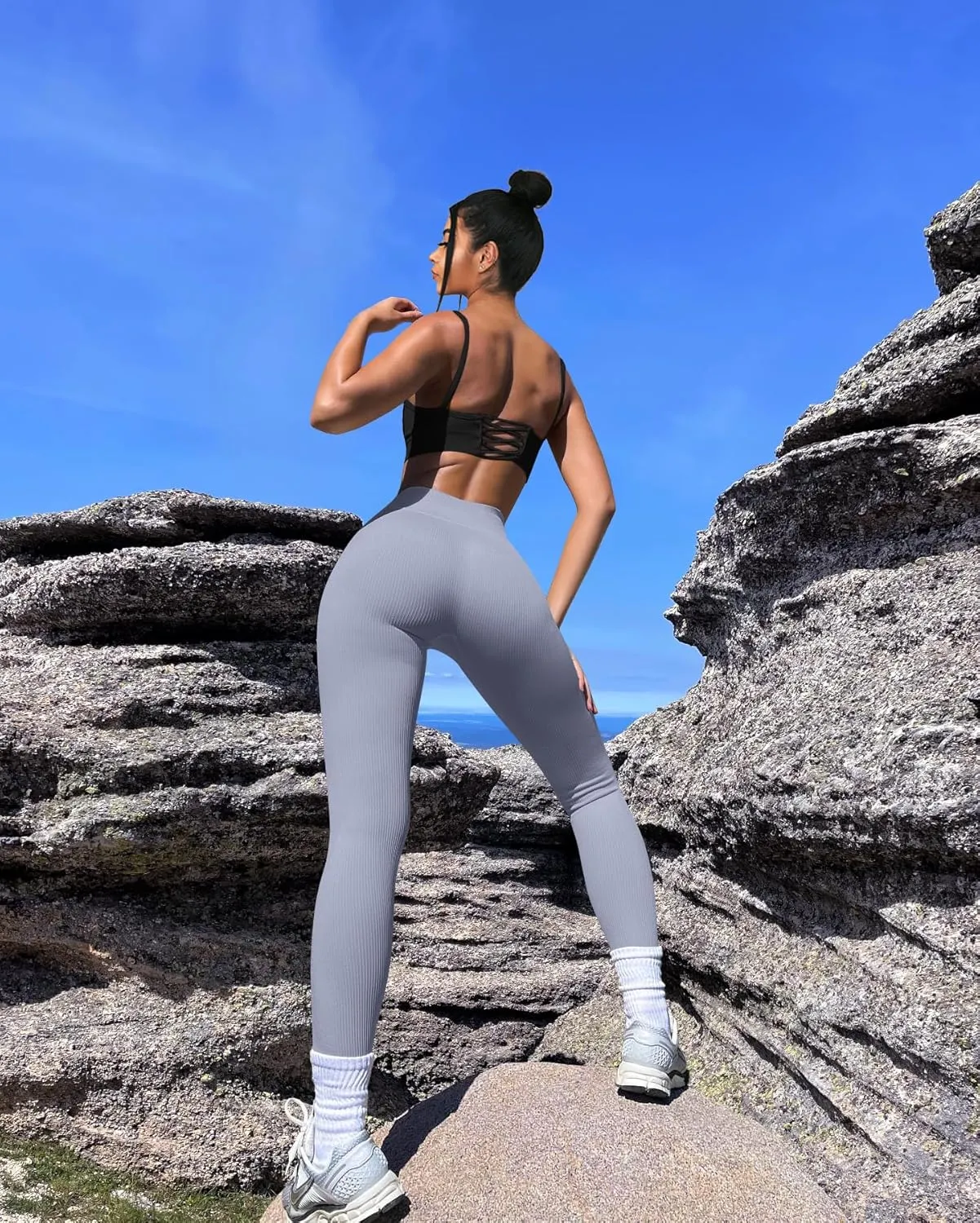 OQQ Women's 2 Piece Yoga Leggings Ribbed Seamless Workout High Waist Cross Over Athletic Exercise Leggings