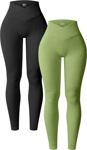 OQQ Women's 2 Piece Yoga Leggings Ribbed Seamless Workout High Waist Cross Over Athletic Exercise Leggings