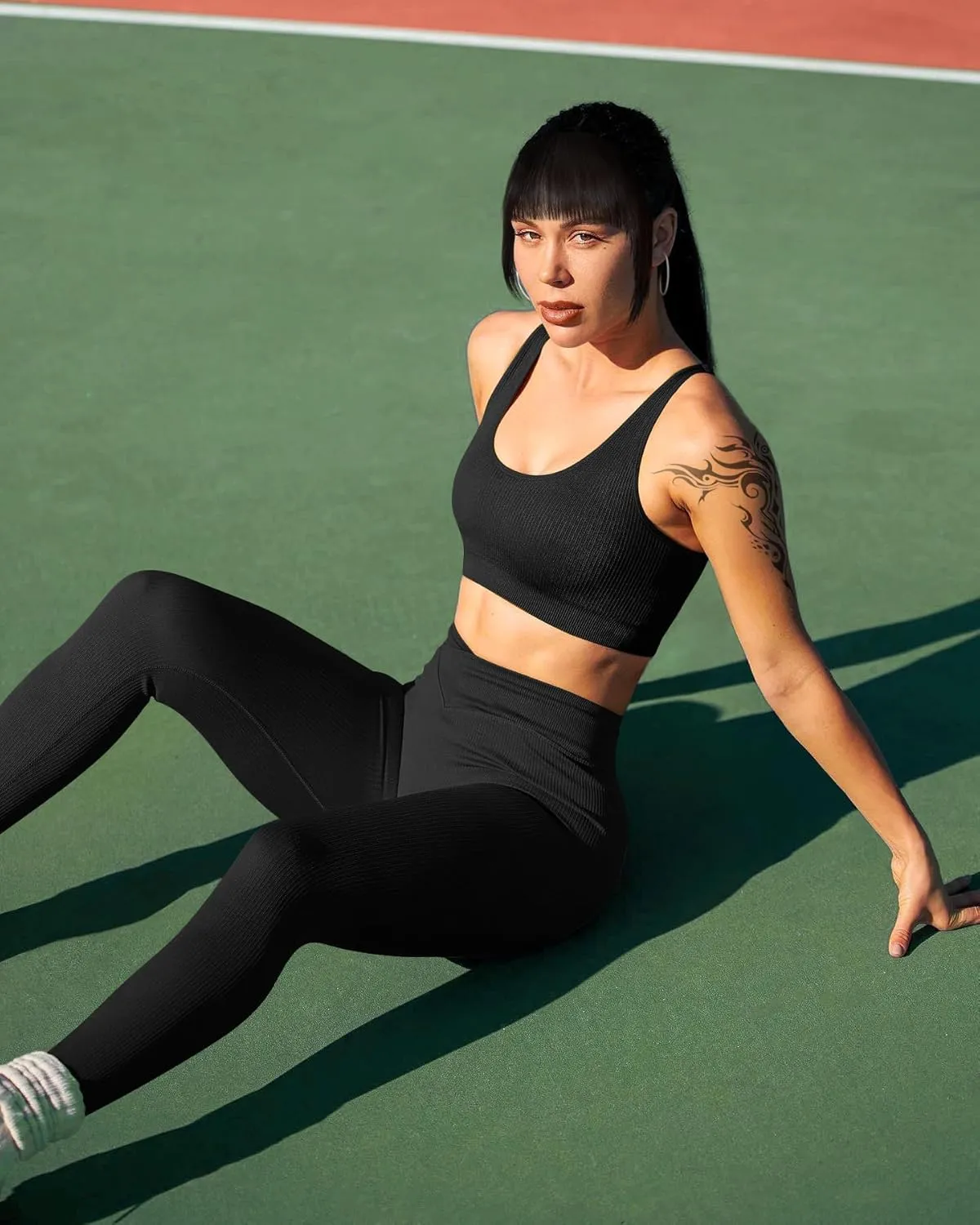 OQQ Women's 2 Piece Yoga Leggings Ribbed Seamless Workout High Waist Cross Over Athletic Exercise Leggings